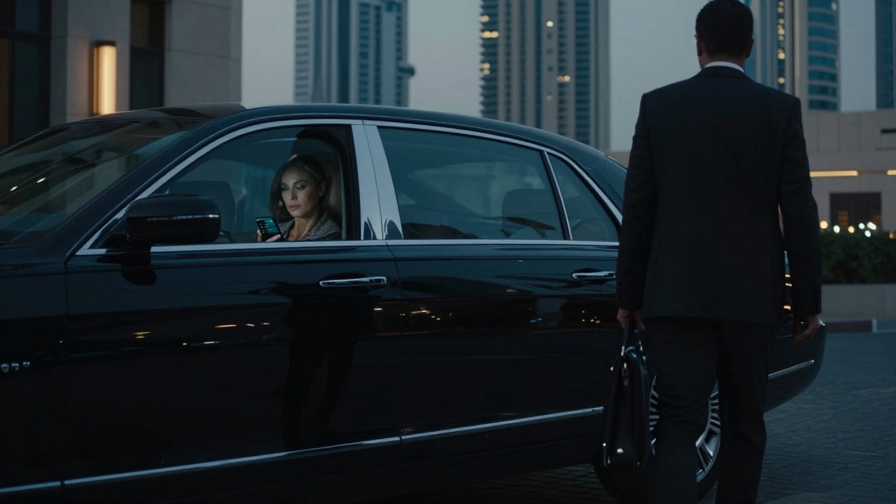 A luxury car parked outside a Dubai hotel, interior lit by a phone screen, conveying discretion.